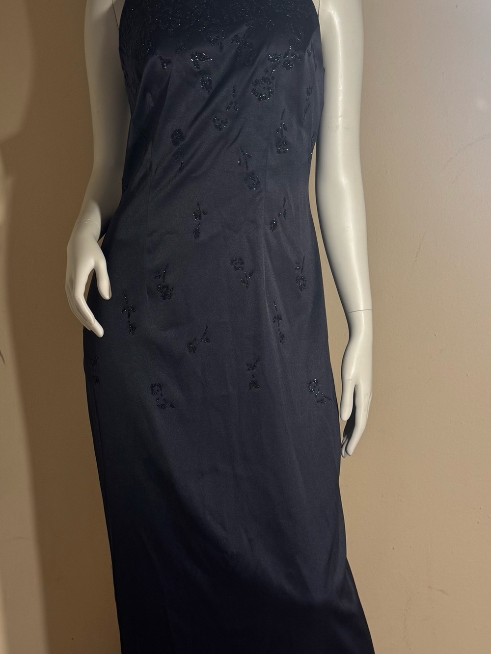 CDC Navy Blue Beaded Column Evening Dress
